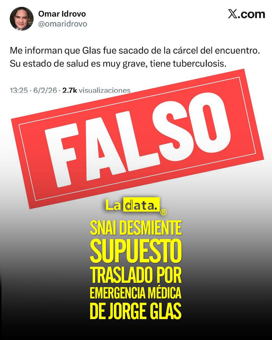 SNAI desmiente supuesto traslado por emergencia médica de Jorge Glas.